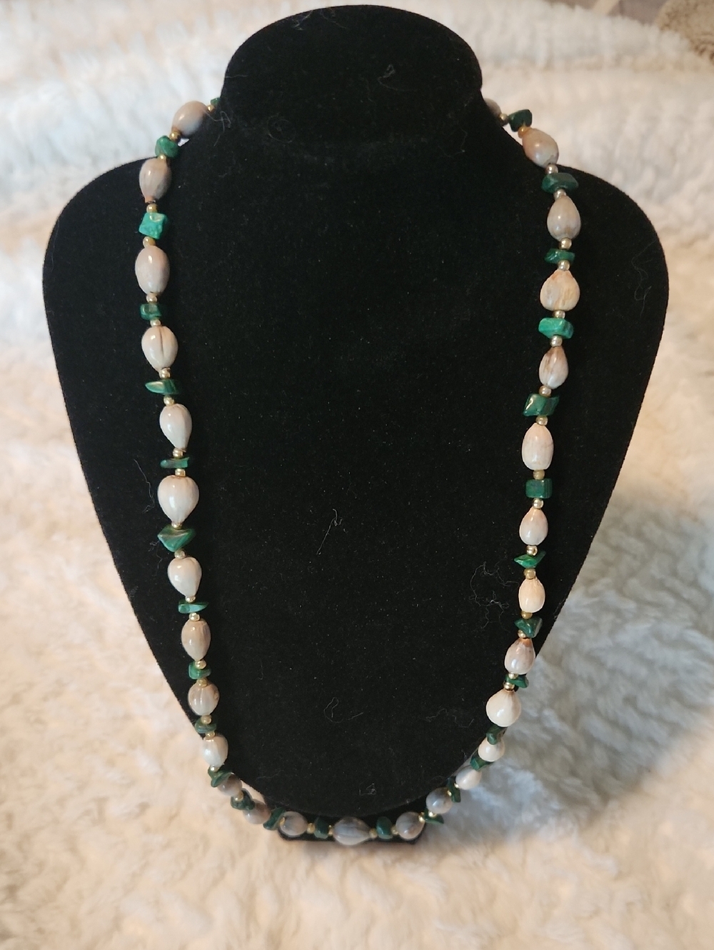 Stone and Green Bead Women's Necklace - Neutral and Green Design Boho Vibe